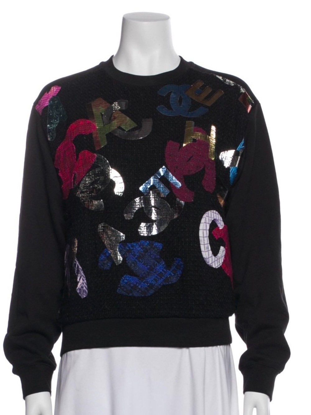 CHANEL Black Crewneck Sweater with Multicolor Metallic Logos